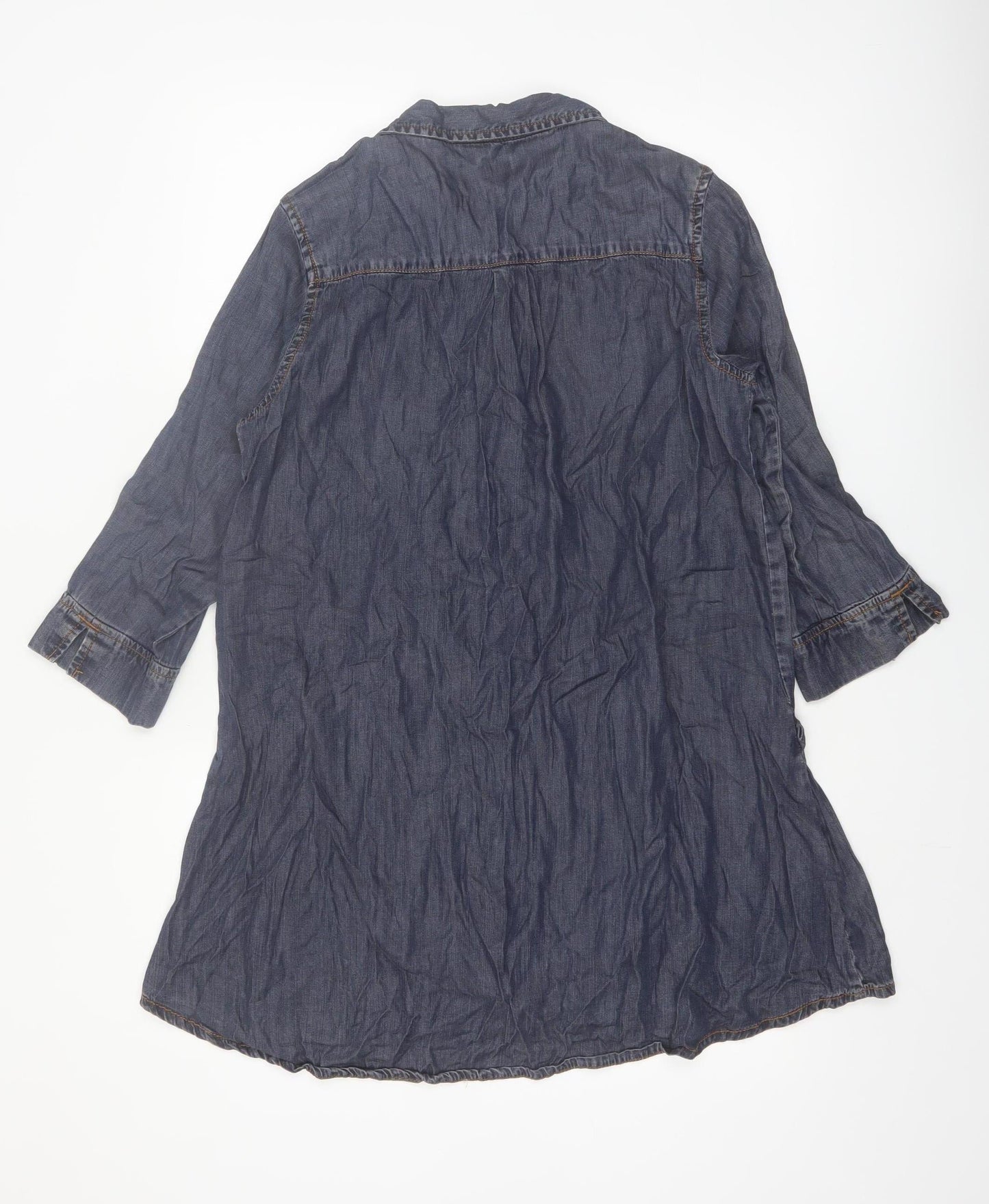 Little Wings Women Blue Chambray Shirt Dress M Collared Ruffle 3/4 Sleeve