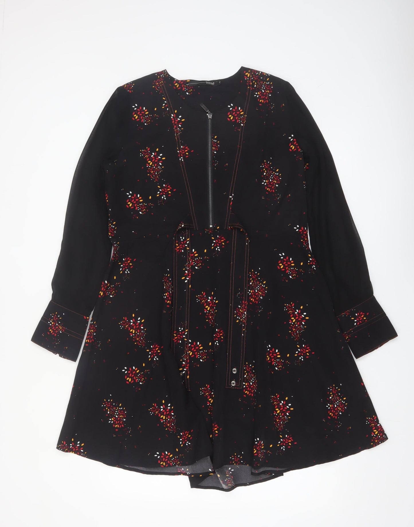 Trend by Captain Tortue Black Floral A-Line Zip Belted Dress Size 10