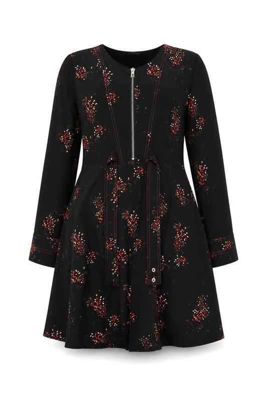 Trend by Captain Tortue Black Floral A-Line Zip Belted Dress Size 10