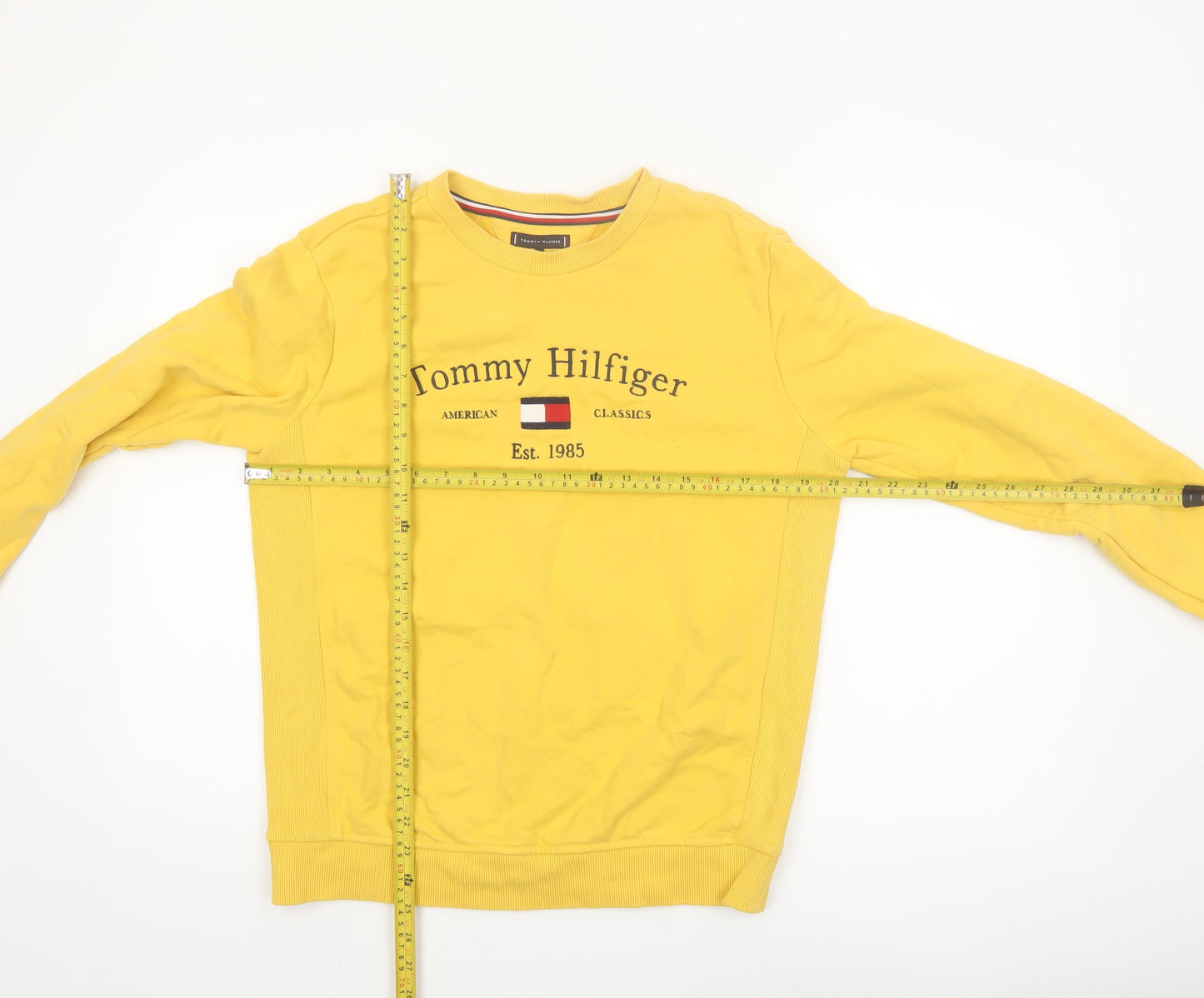 Tommy Hilfiger Boys Yellow Pullover Sweatshirt Size 176 Crew Neck Logo