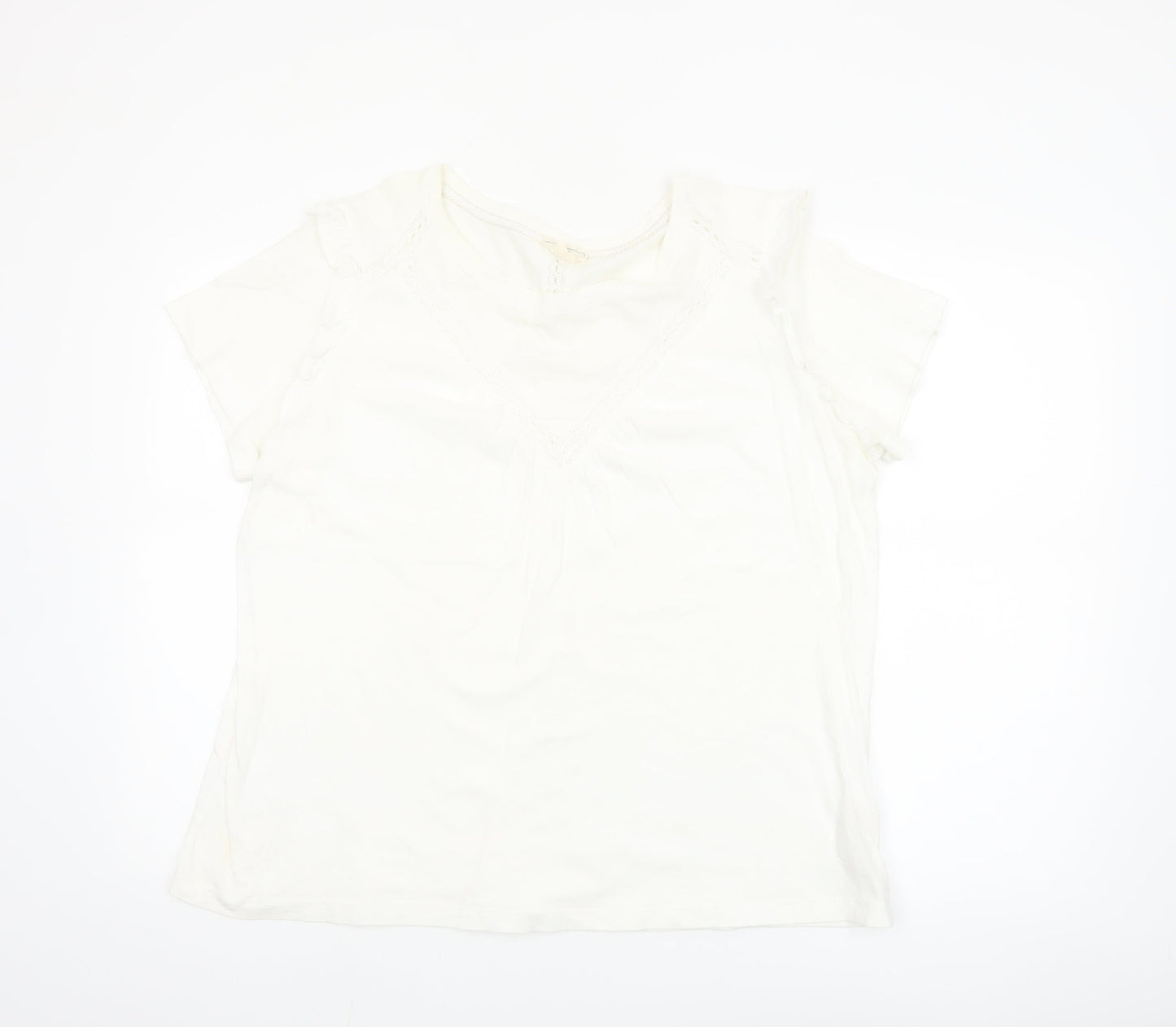 Fat Face Women's Ivory Lace Trim V-Neck Cotton T-Shirt UK 16