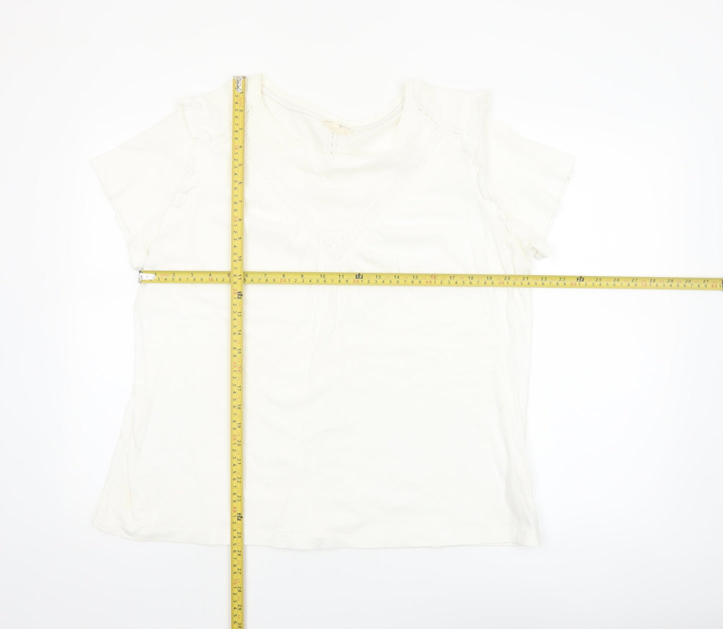 Fat Face Women's Ivory Lace Trim V-Neck Cotton T-Shirt UK 16