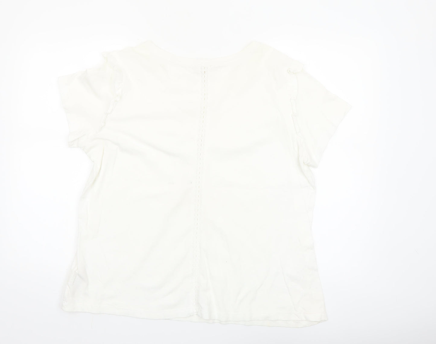 Fat Face Women's Ivory Lace Trim V-Neck Cotton T-Shirt UK 16