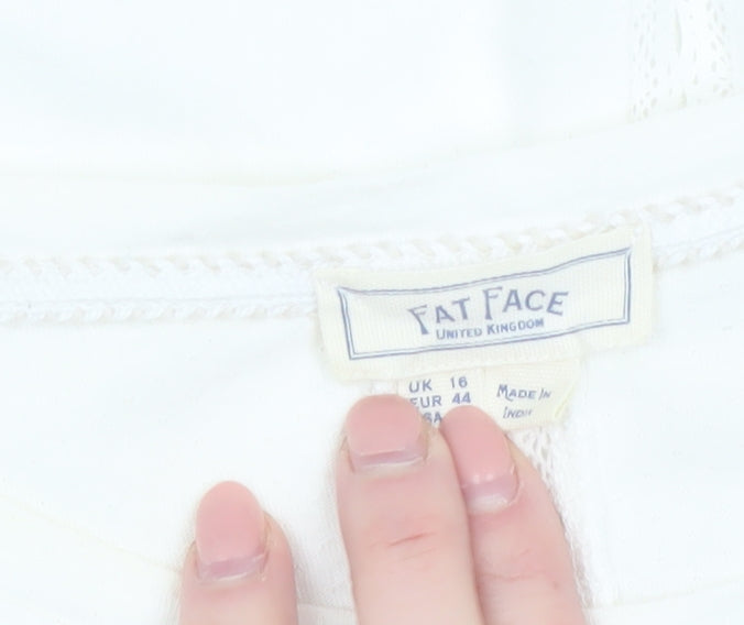 Fat Face Women's Ivory Lace Trim V-Neck Cotton T-Shirt UK 16
