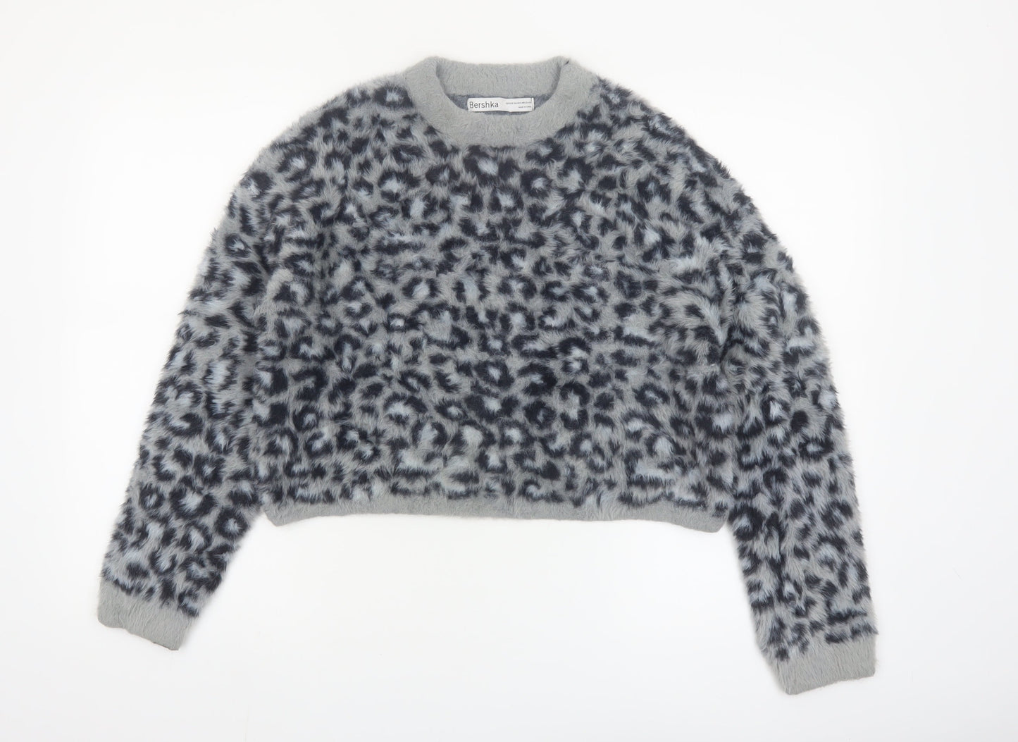 Bershka Women's Grey Animal Print Long Sleeve Pullover Jumper XS