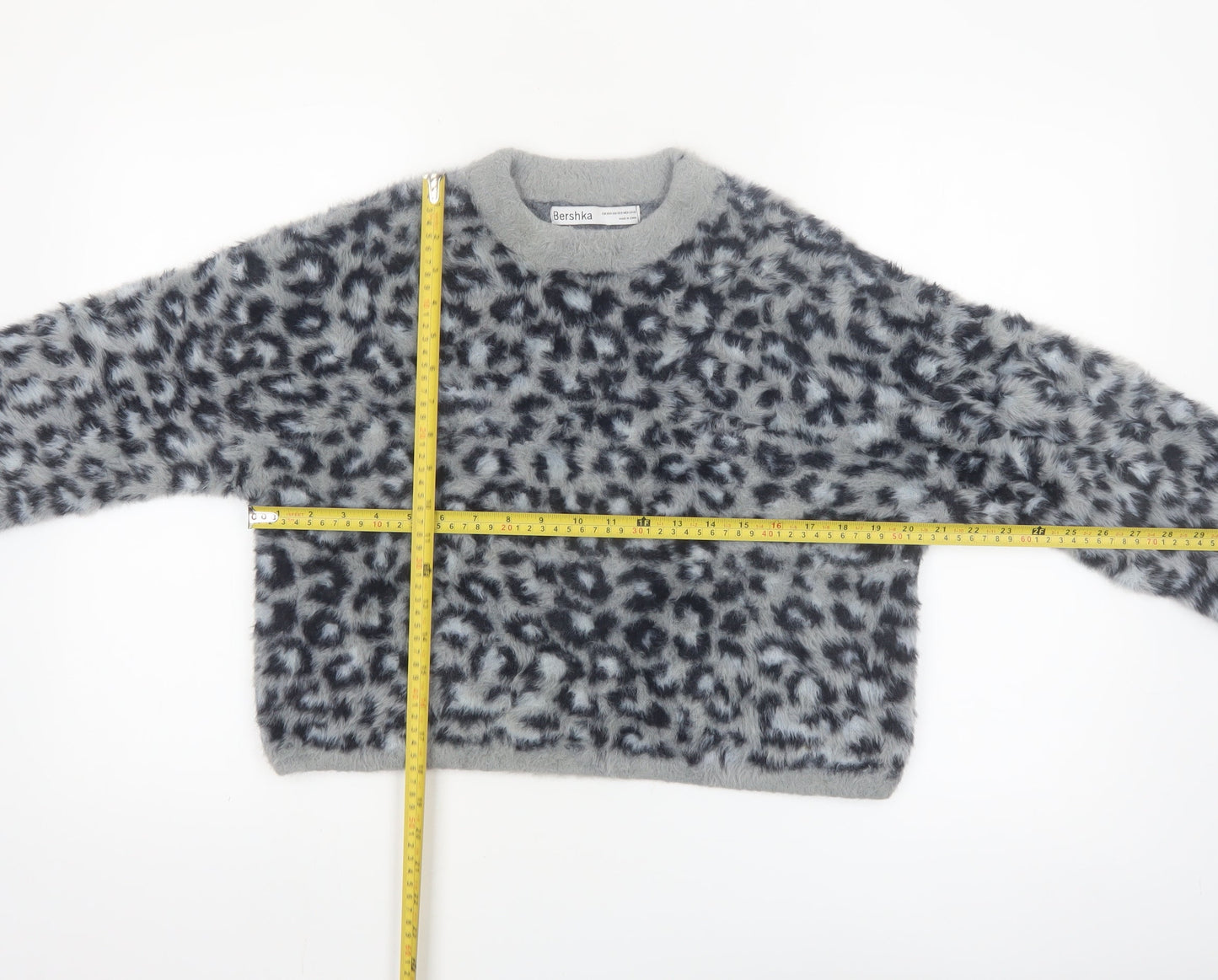 Bershka Women's Grey Animal Print Long Sleeve Pullover Jumper XS