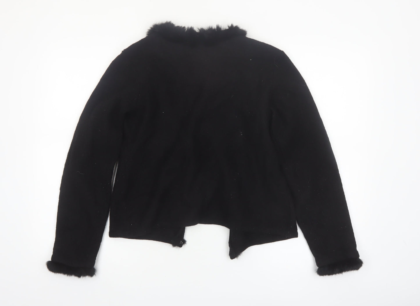INTOWN Women’s Black Wool Fur Trim Cardigan M Classic Style