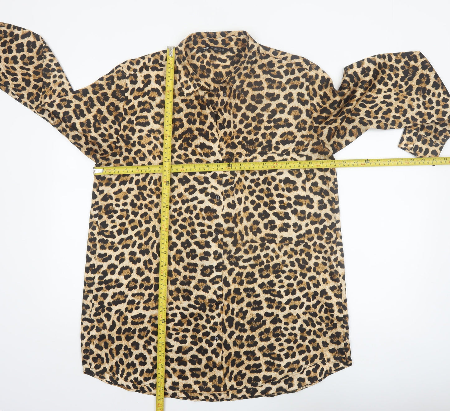 Zara Women Brown Leopard Print Long Sleeve Button-Up Shirt Size L