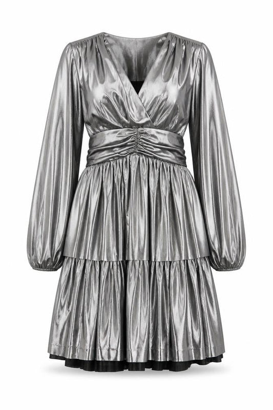 Front view of Gallery Women Silver, size 8, Wrap Mini Party Dress
