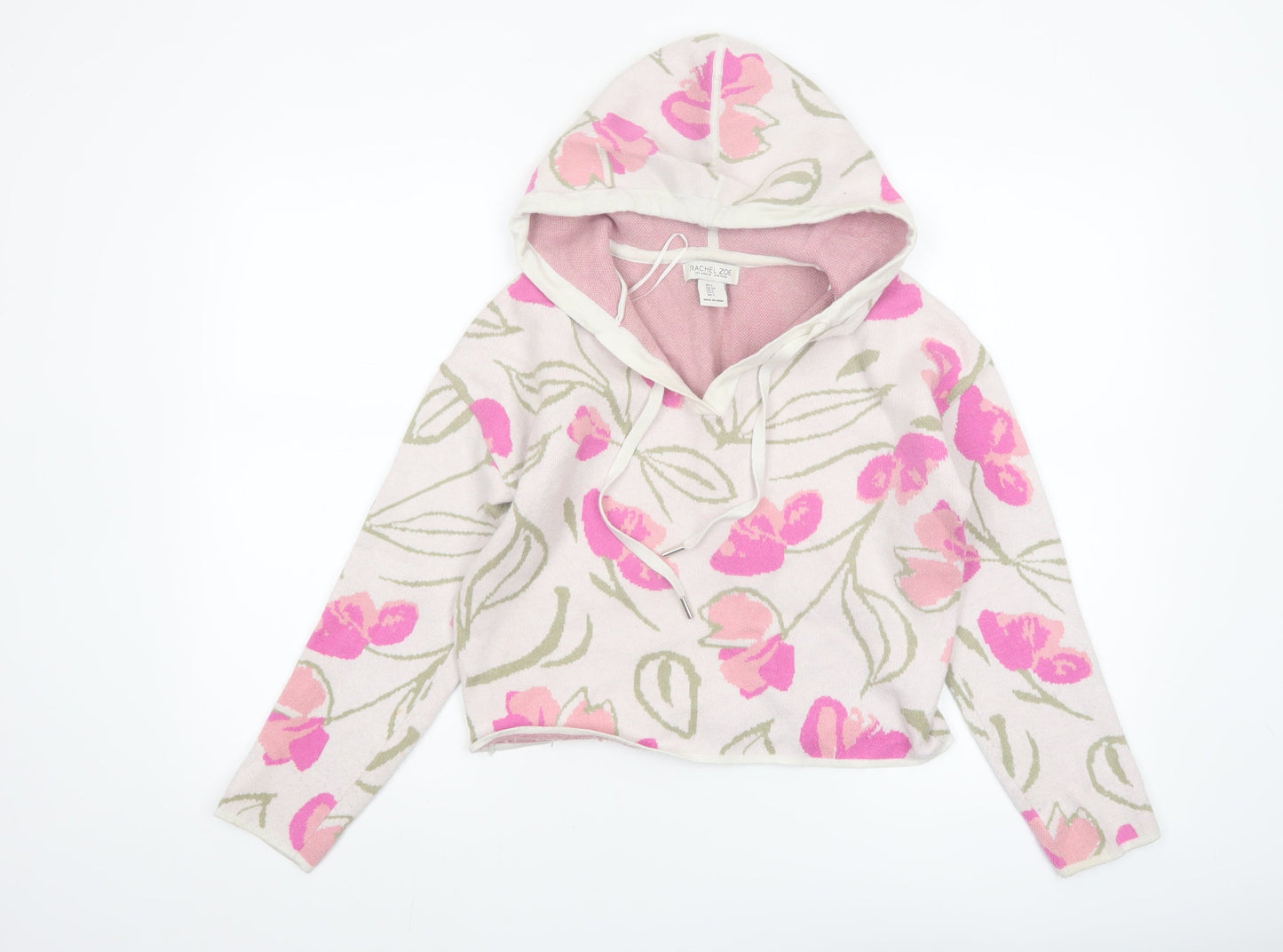 Rachel Zoe Women's Pink Floral Hooded V-Neck Knit Jumper Size S