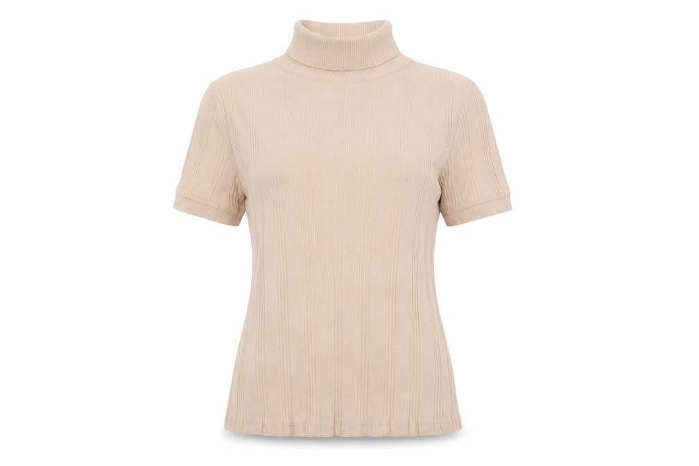 ZARA Women Beige Roll Neck Ribbed Short Sleeve Knit Top Size L