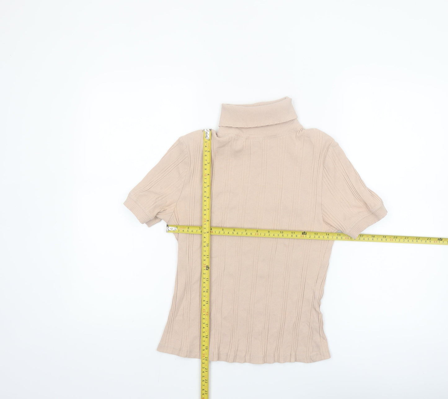 ZARA Women Beige Roll Neck Ribbed Short Sleeve Knit Top Size L