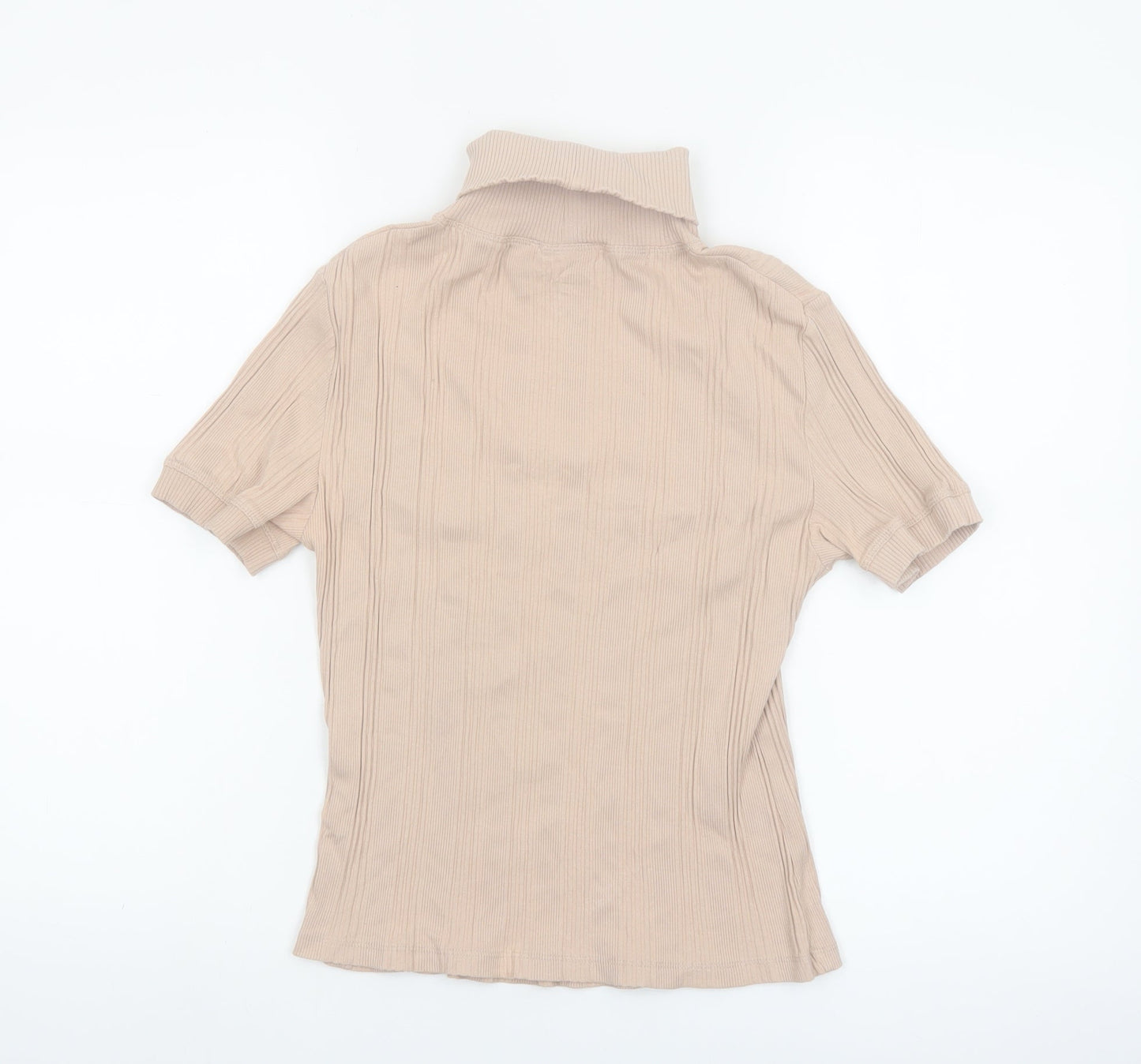 ZARA Women Beige Roll Neck Ribbed Short Sleeve Knit Top Size L
