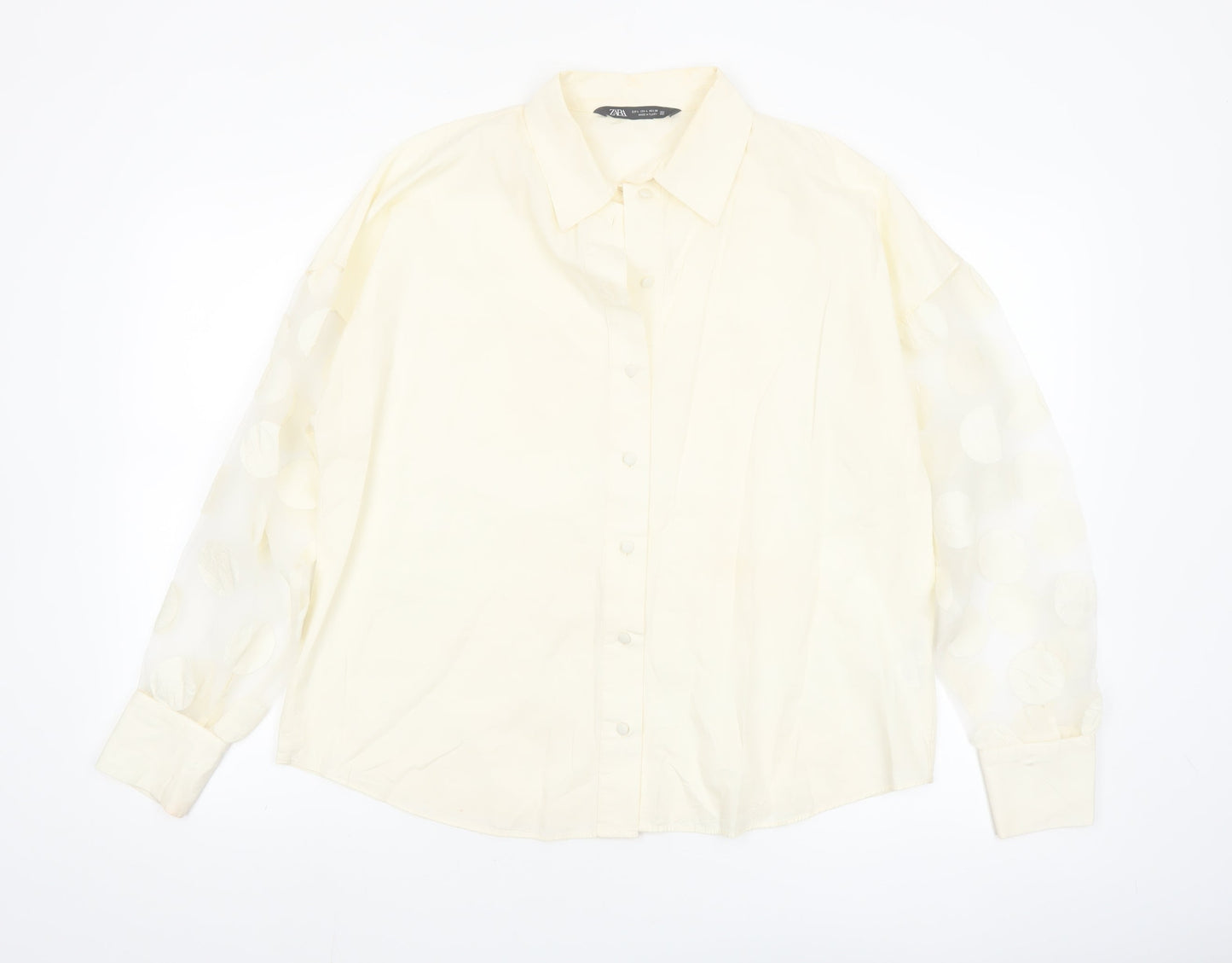 Zara Women Ivory Cotton Button-Up Shirt Size 14 Puff Sleeve