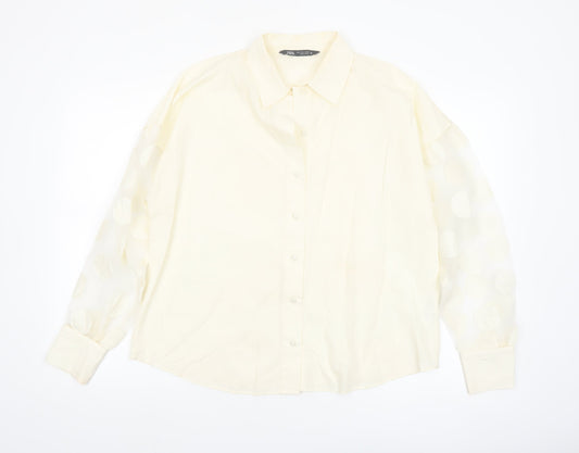 Zara Women Ivory Cotton Button-Up Shirt Size 14 Puff Sleeve