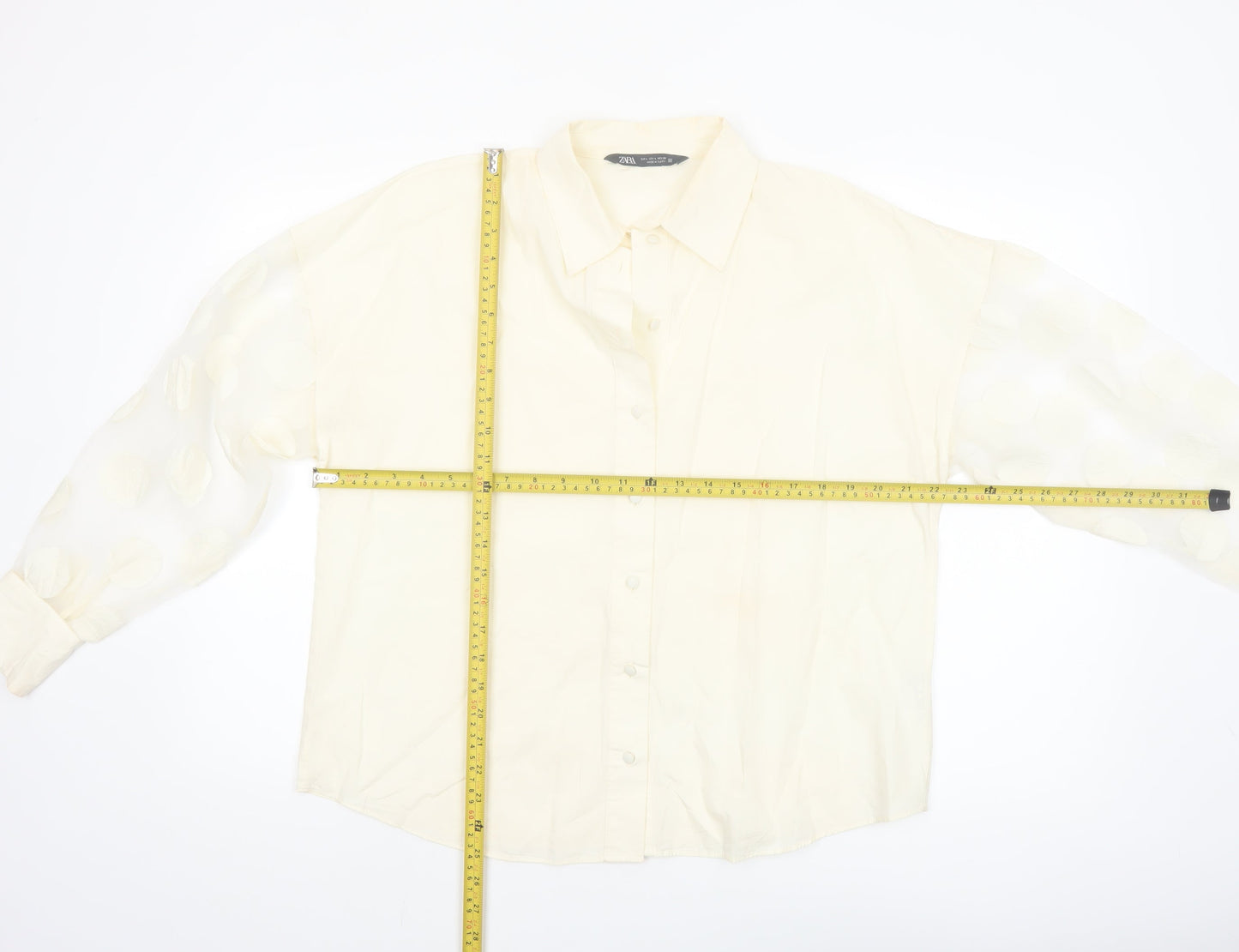 Zara Women Ivory Cotton Button-Up Shirt Size 14 Puff Sleeve