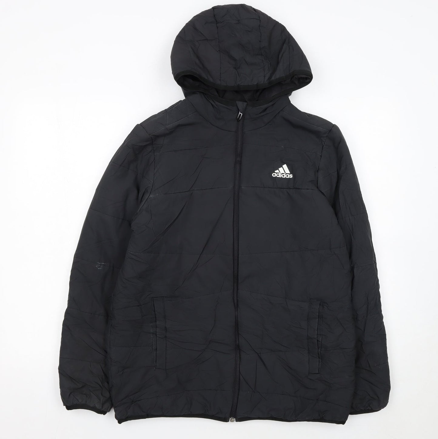 adidas Boys Black Hooded Puffer Jacket 13-14 Years Full Zip Lined
