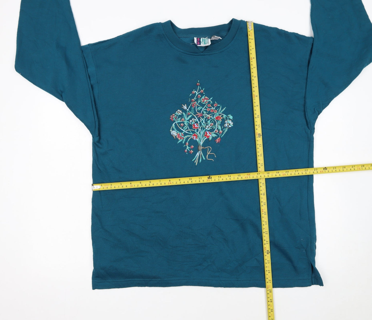 Bold Spirit Women Teal Embroidered Pullover Sweatshirt Size L