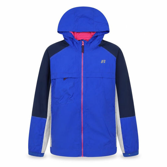 Front view of Russell girls’ blue lightweight hooded windbreaker jacket, size 18