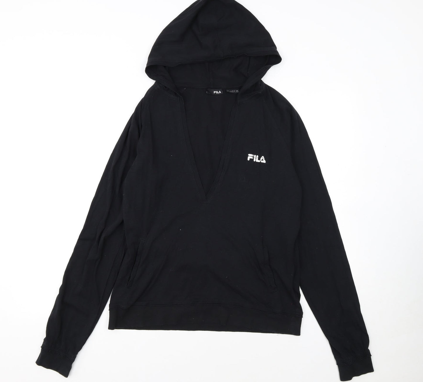 FILA Womens Black Pullover Hoodie Size 14 V-Neck Logo Sweatshirt