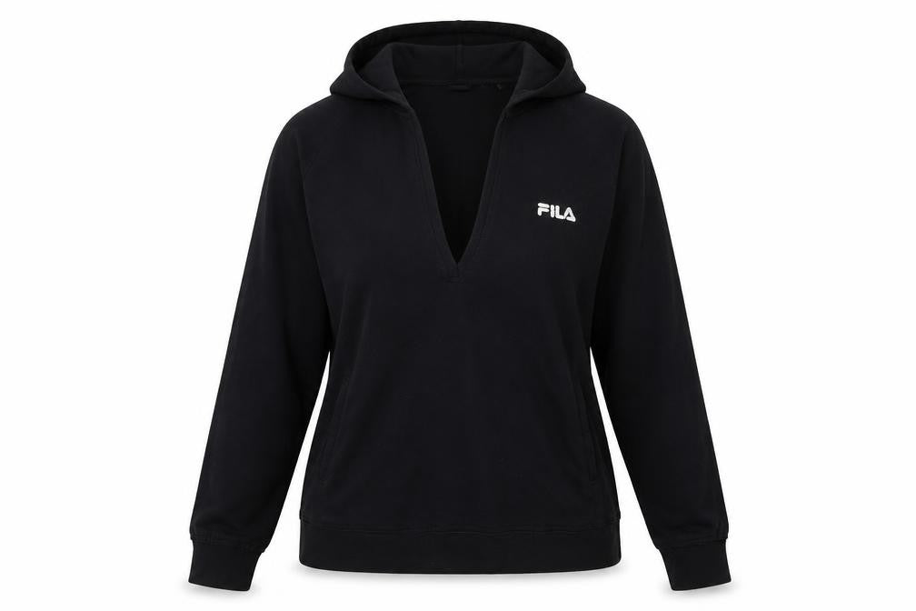 Fila Womens Black Pullover Hoodie Size 14 V-Neck Logo Sweatshirt
