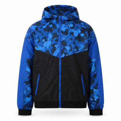 Front view of Russell boys’ blue camouflage hooded windbreaker jacket, size 18, years