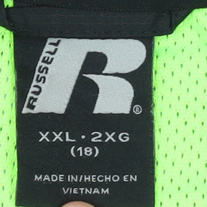 Brand and care label for Russell boys’ blue camouflage hooded windbreaker jacket, size 18, years