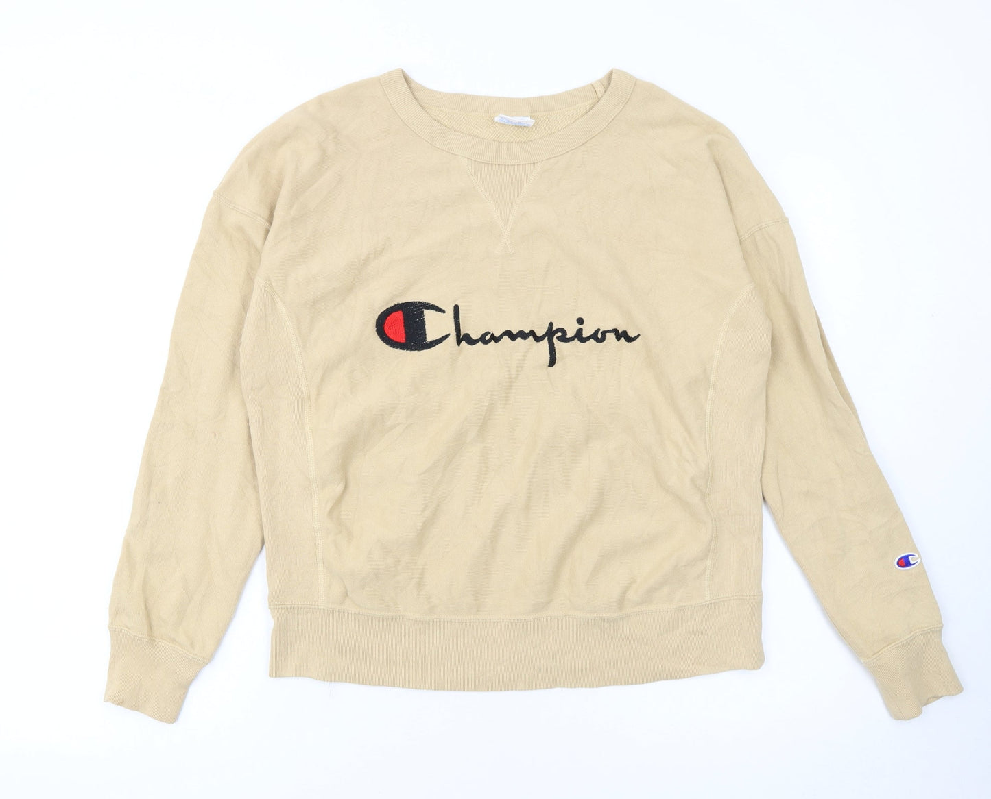 Champion Womens Beige Reverse Weave Sweatshirt Large Logo Crew Neck