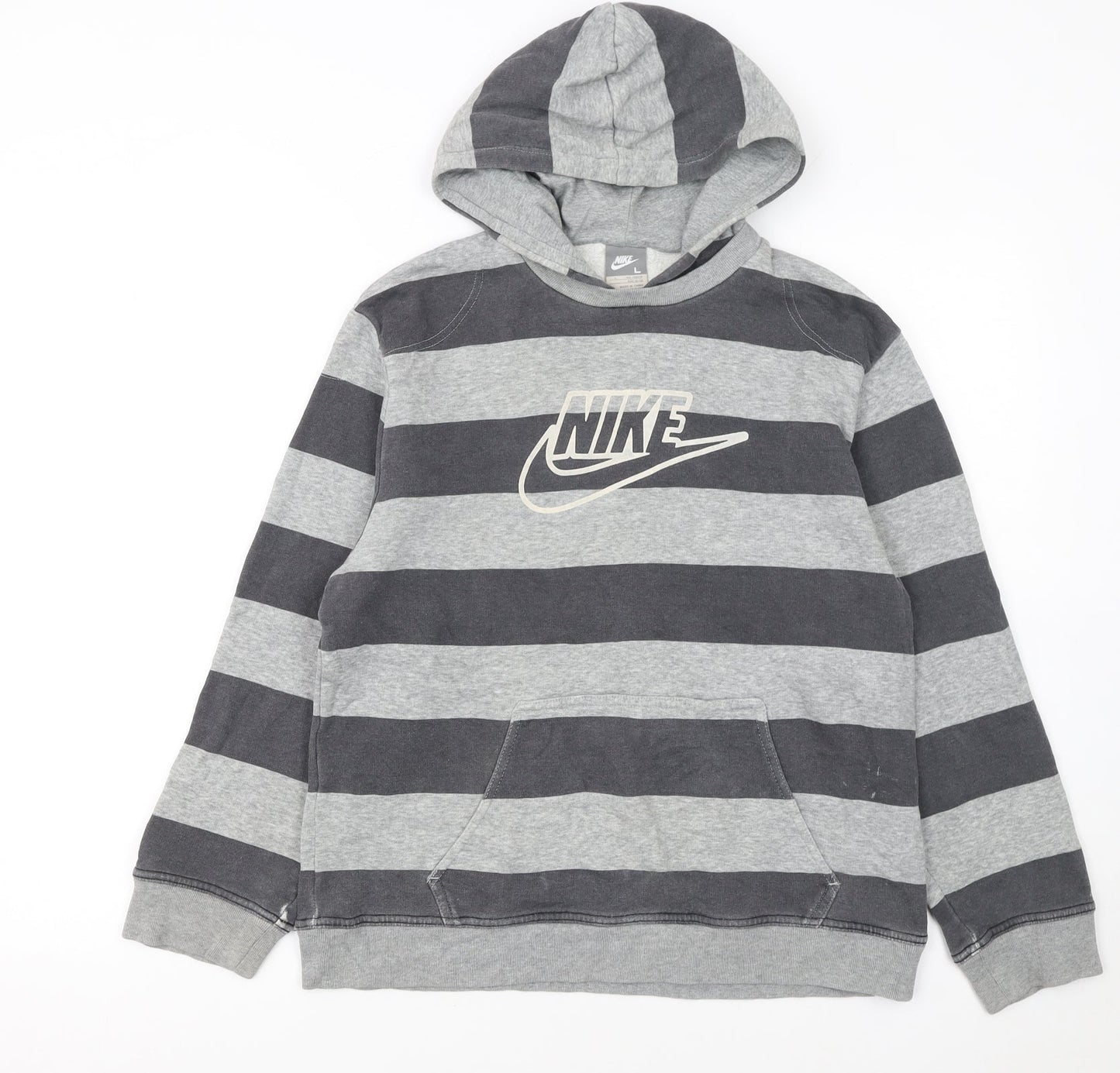 Nike Boys Grey Striped Pullover Hoodie L 12/13 Years Hooded Fleece Sweatshirt