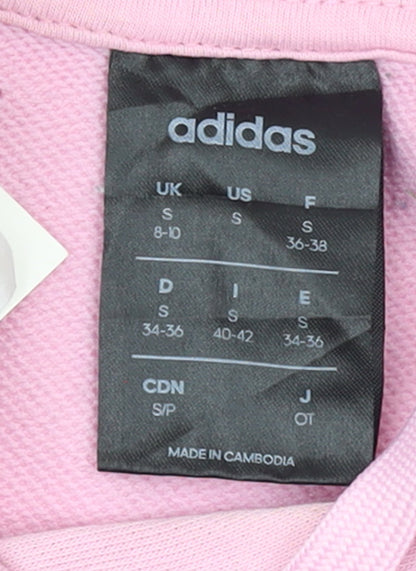 Brand and care label for Adidas Women's Pink Pullover Hoodie, size S, Hooded Sweatshirt