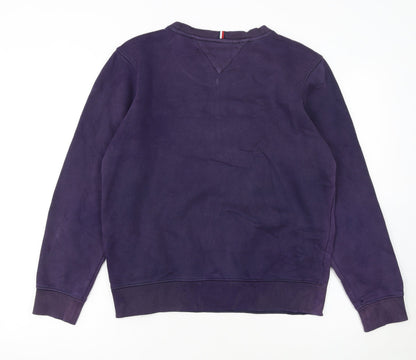 Close-up detail of Tommy Hilfiger girls’ purple crew neck pullover sweatshirt, size 164