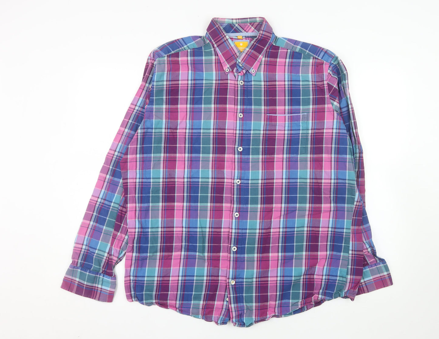 Redmond Casual Men's Blue Pink Plaid Button-Up Shirt XL Cotton