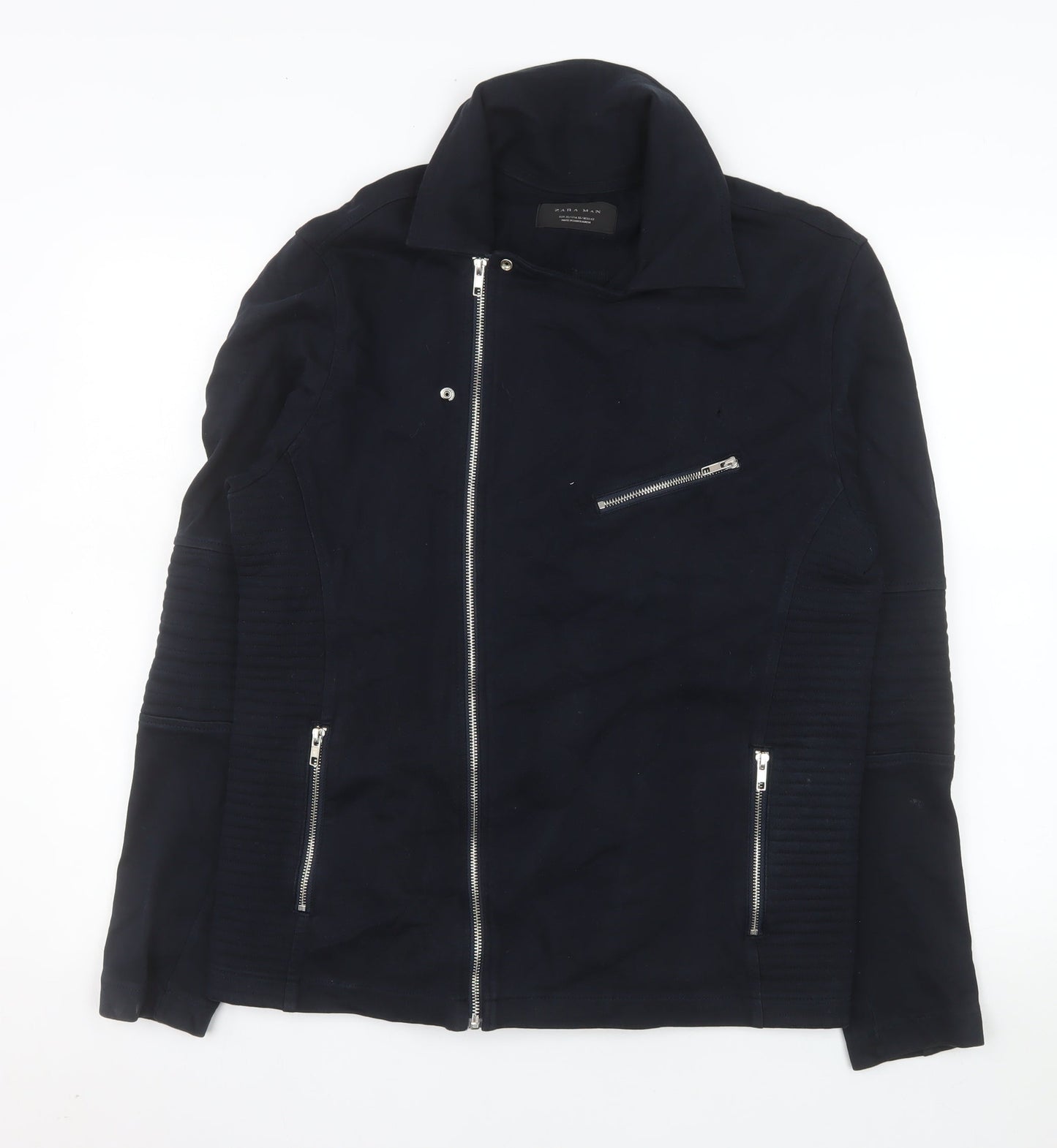 Zara Man Men's Black Cotton Biker Jacket XL Zip Pockets Classic Style