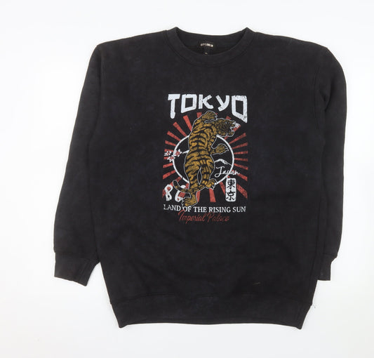 Preloved QED London Men's Black Tokyo Tiger Graphic Pullover Sweatshirt L - Front