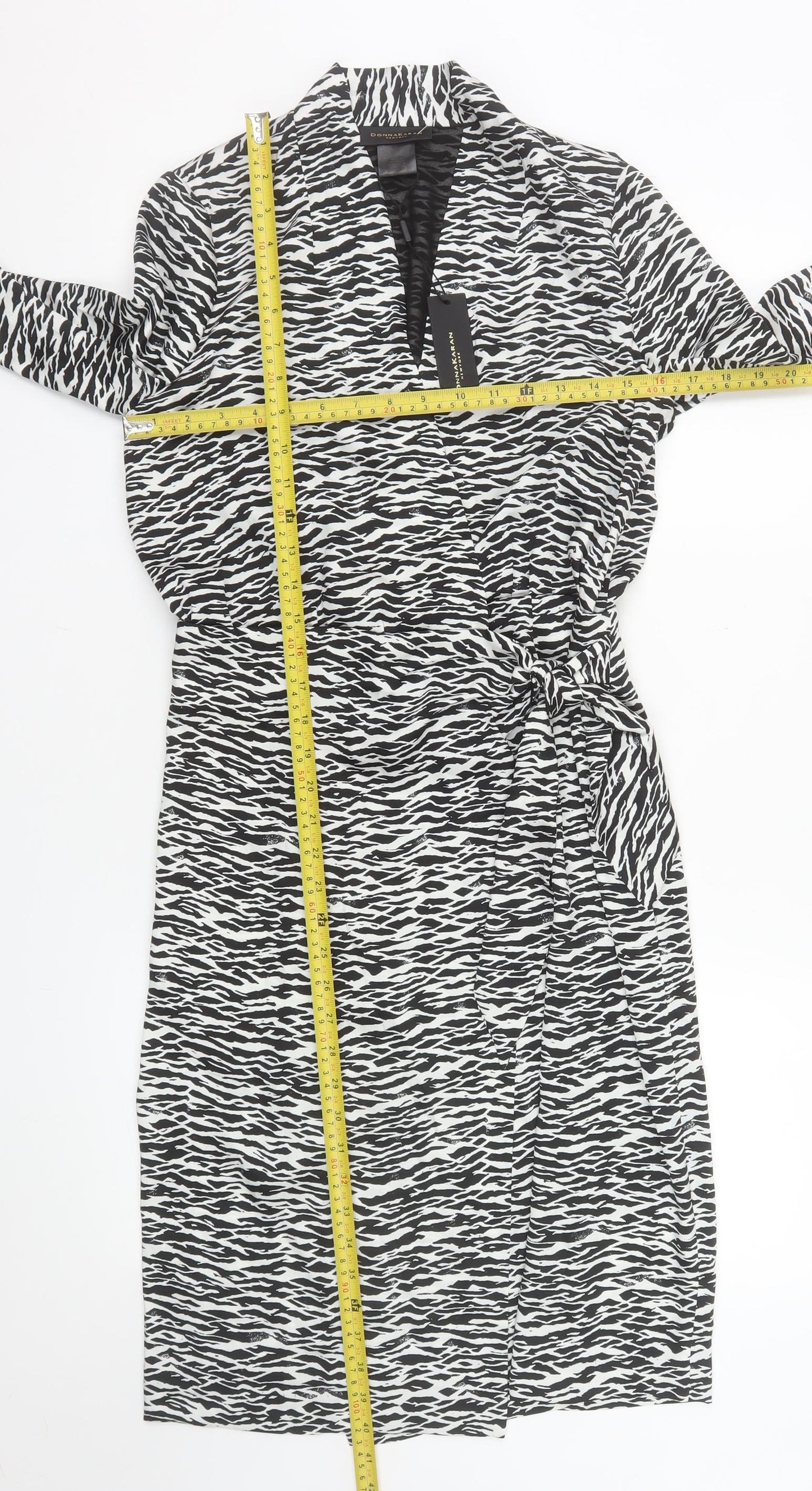Donna Karan Women’s Black Animal Print Wrap Dress Size M Long Sleeve Knee Length