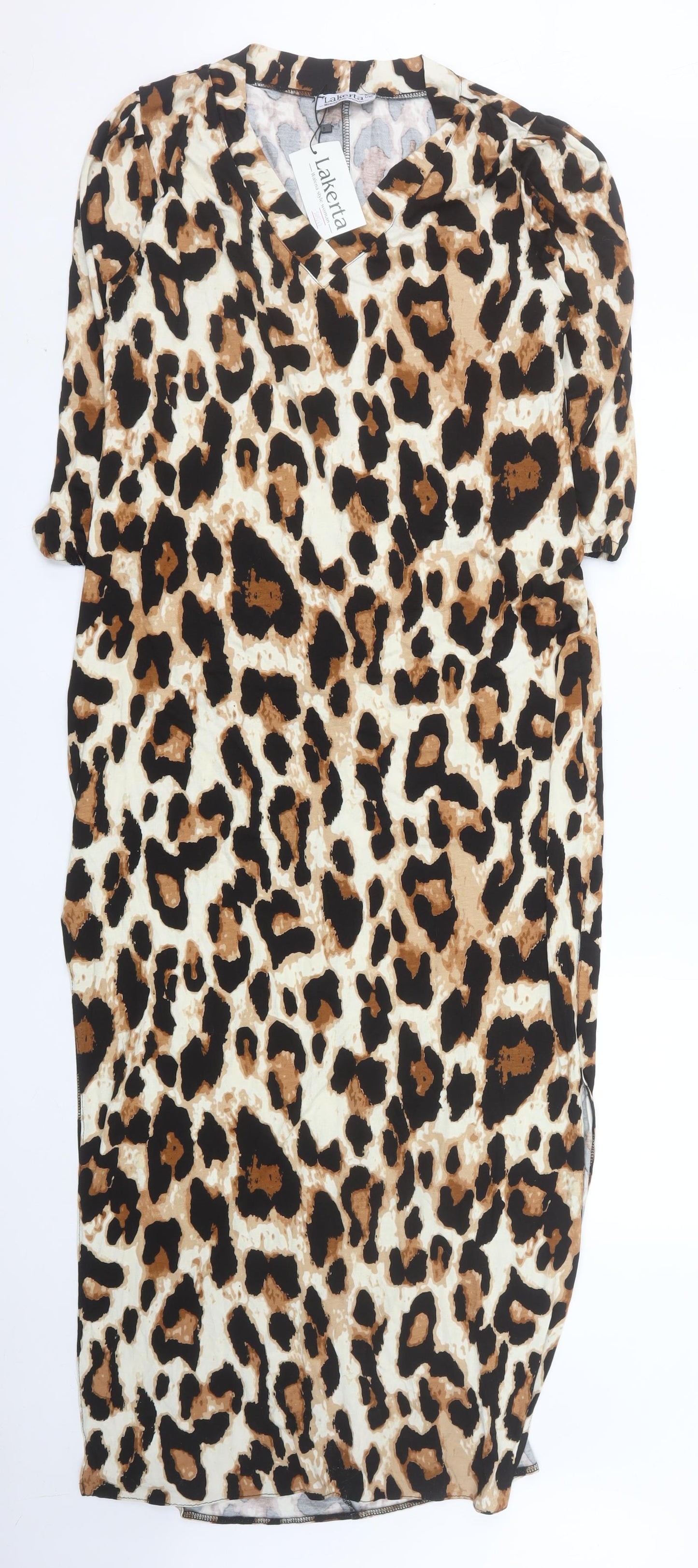 Lakarta Women Brown Leopard Print Midi Bodycon V-Neck Dress L