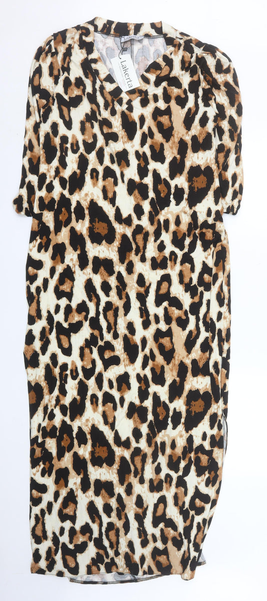 Lakarta Women Brown Leopard Print Midi Bodycon V-Neck Dress L