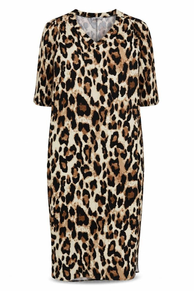 Lakarta Women Brown Leopard Print Midi Bodycon V-Neck Dress L