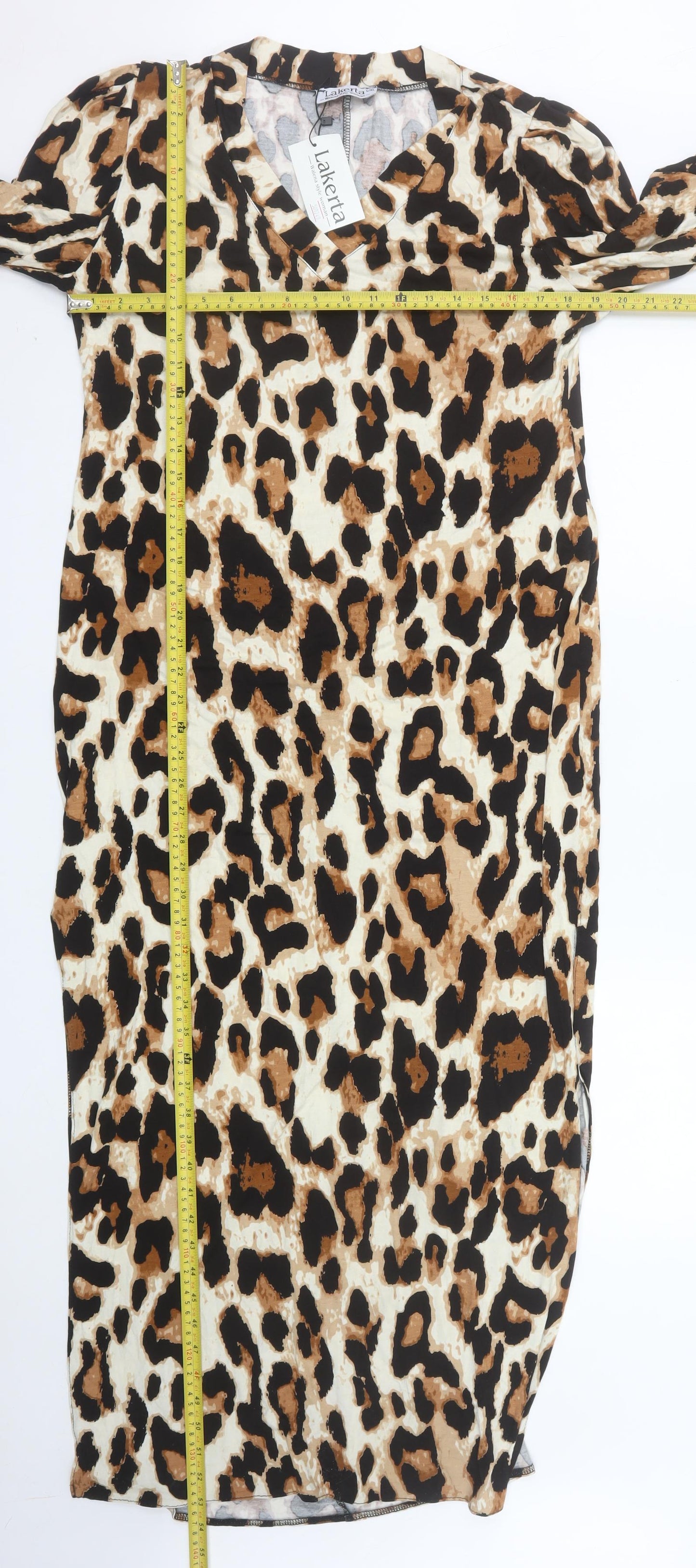 Lakarta Women Brown Leopard Print Midi Bodycon V-Neck Dress L