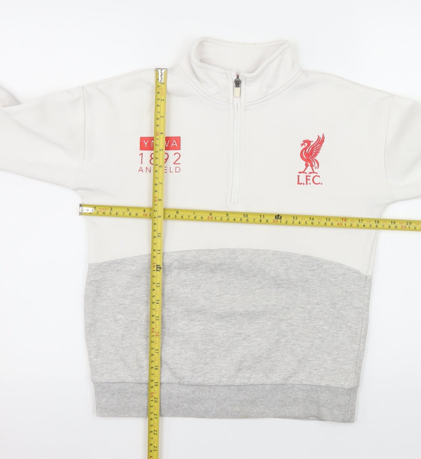 Liverpool FC Boys White Grey 1/2 Zip Sweatshirt 9-10 Years Lined Cotton Blend