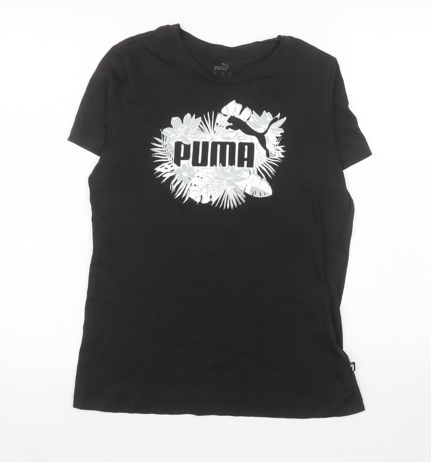 Puma Women's Black Floral Logo Crew Neck Short Sleeve T-Shirt M