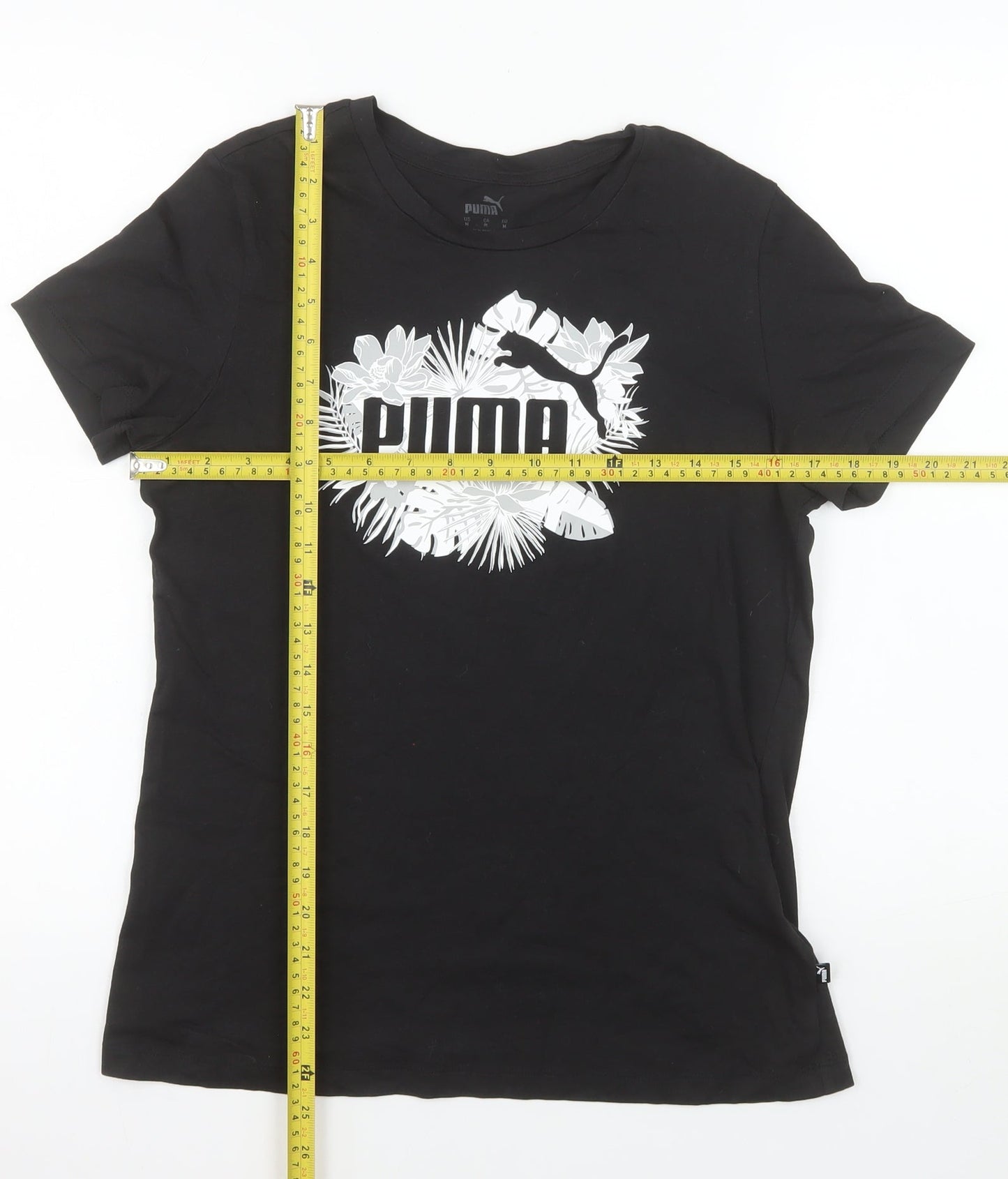 Puma Women's Black Floral Logo Crew Neck Short Sleeve T-Shirt M