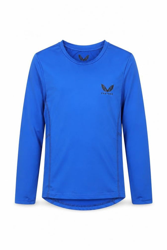 Front view of Castore boys’ blue long sleeve athletic top, size M, moisture wicking