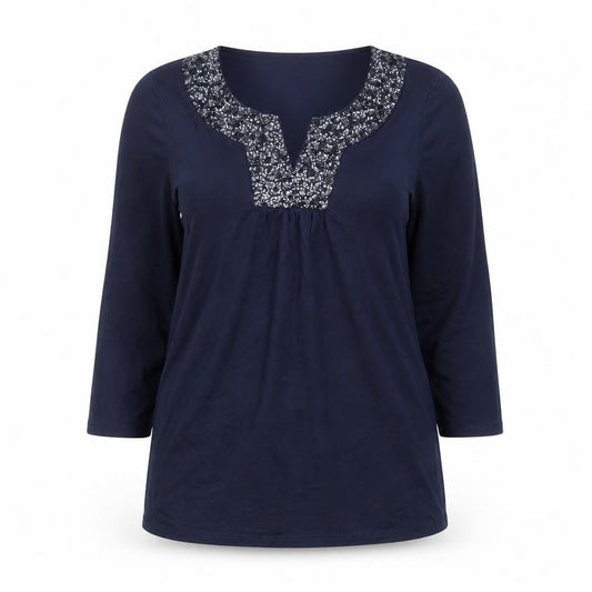 Front view of Soon Women's Blue Sequin V-Neck Tunic Top, size 14