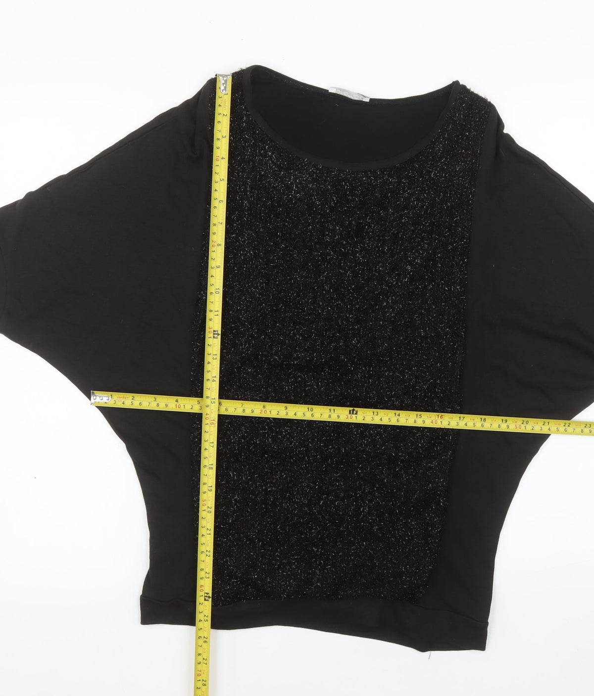 Promod Women's Black Glitter Panel Top Size 12 Short Sleeve