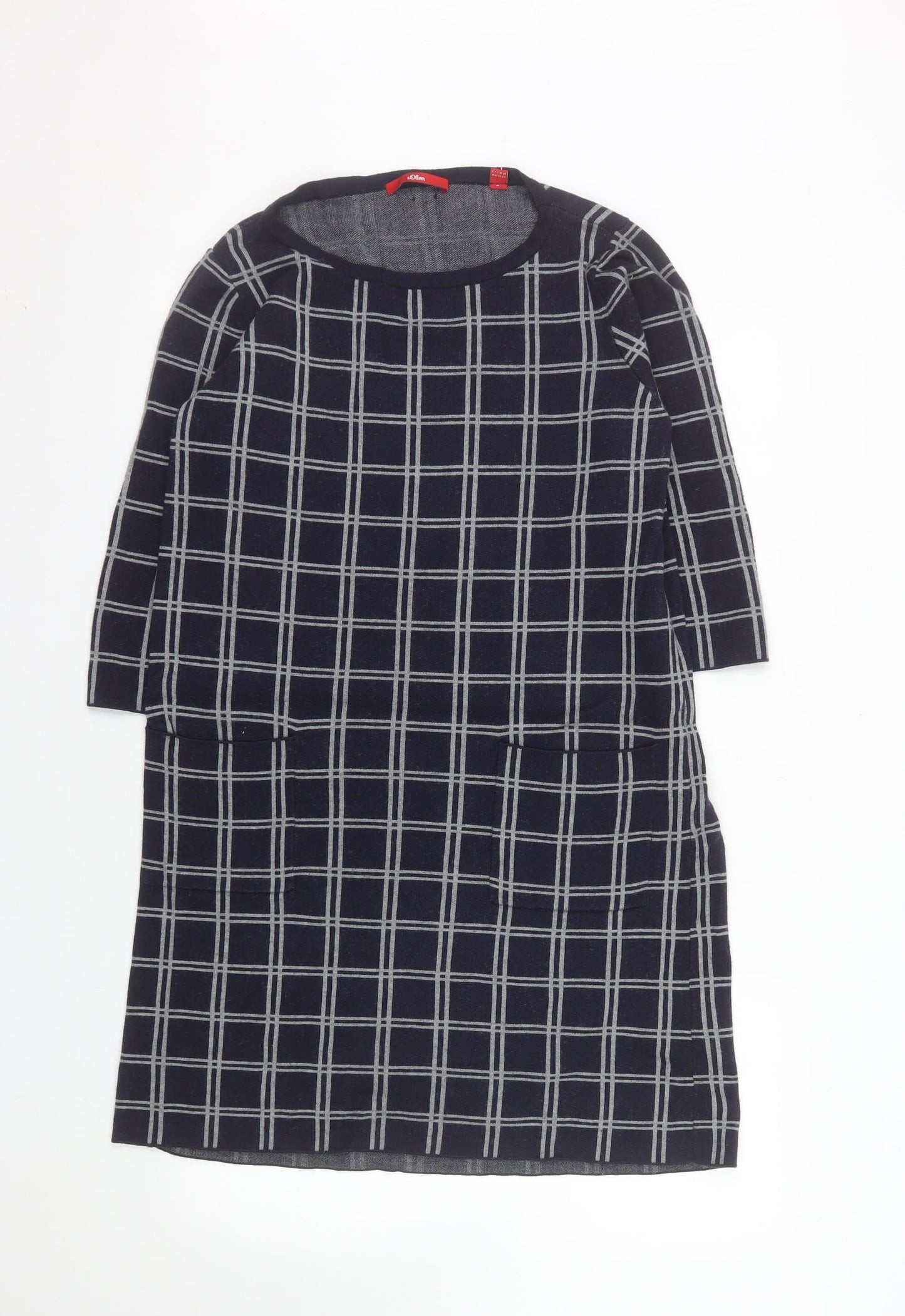 s.Oliver Women Blue Check Shift Dress Size 12 3/4 Sleeve Knit