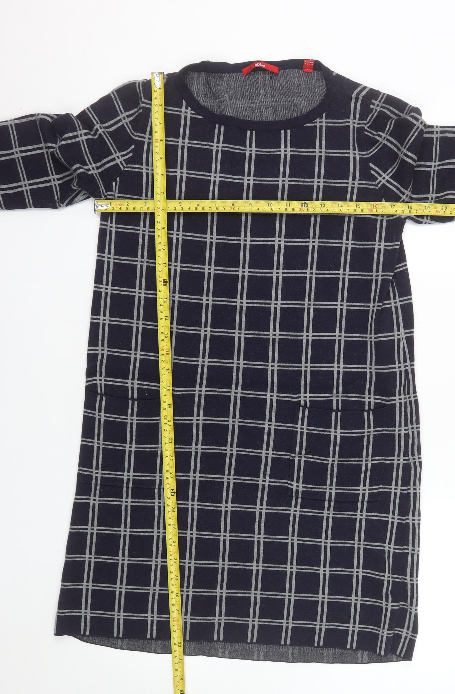s.Oliver Women Blue Check Shift Dress Size 12 3/4 Sleeve Knit