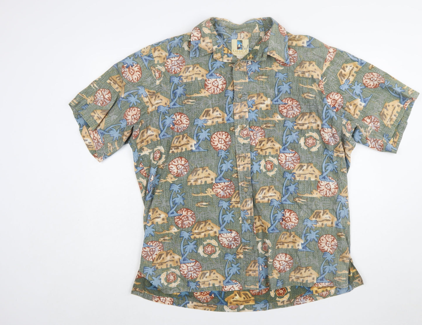 Kahala Men's Green Hawaiian Cotton XL Short Sleeve Button-Up Shirt