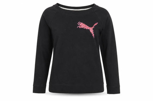 Front view of Puma women’s black long sleeve cotton sports t-shirt, size UK 12