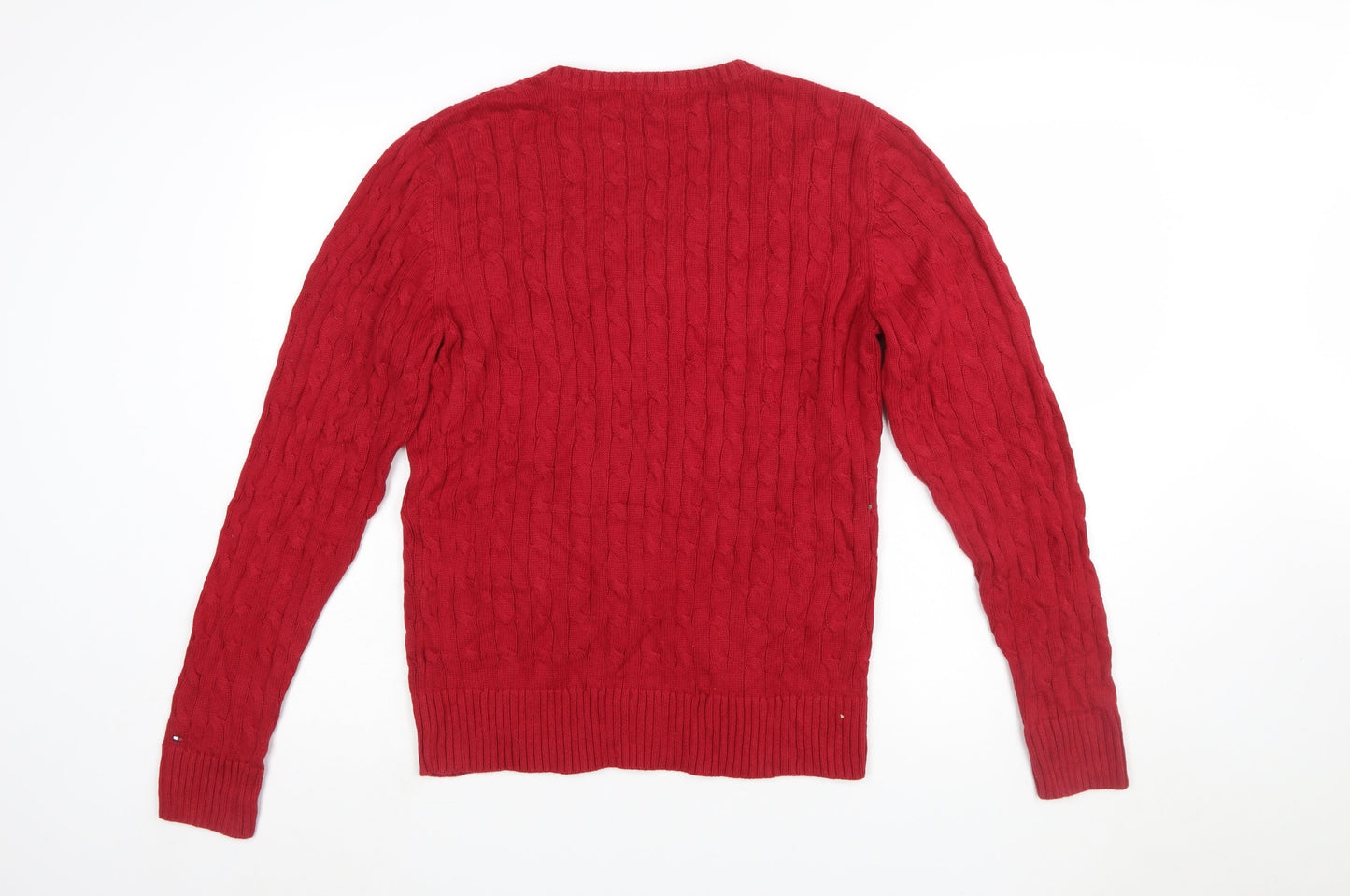 Tommy Hilfiger Women's Red V-Neck Cable-Knit Cotton Jumper XL